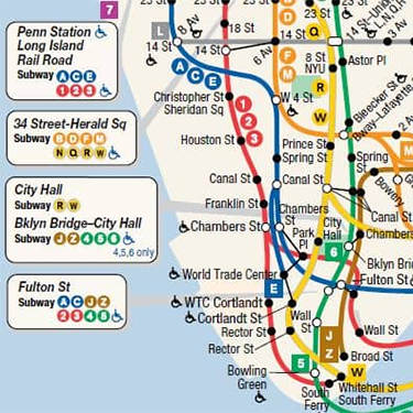 Standard NYC subway map with larger labels and station names.